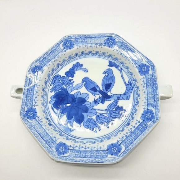 VTG Chinese Export Ware Blue Birds on Branch Warming Dish Entertaining Dinner - Picture 8 of 11